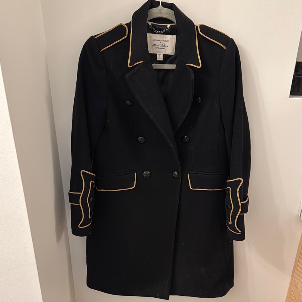 Banana Republic x Olivia Palermo Black Structured Pea Coat with Gold trim